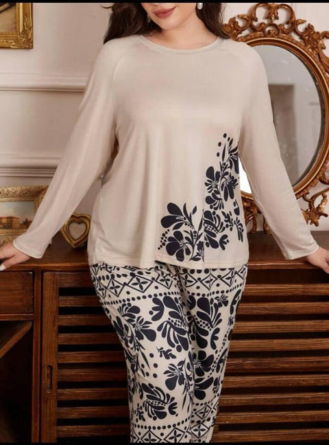Off White with Black Floral with Black Floral Pajama Printed PJ Set For Her