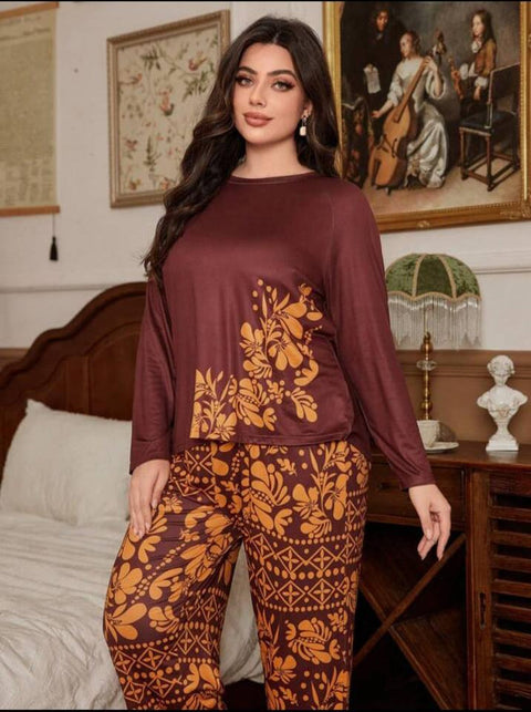 Maroon with Golden Floral with Golden Floral Pajama Printed PJ Set For Her