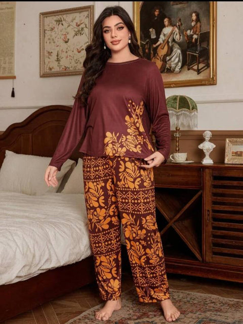 Maroon with Golden Floral with Golden Floral Pajama Printed PJ Set For Her