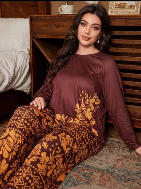 Maroon with Golden Floral with Golden Floral Pajama Printed PJ Set For Her