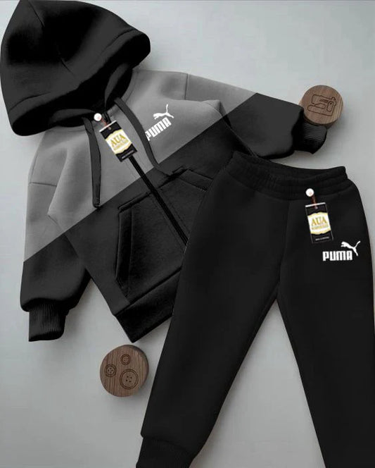 Puma Printed Stylish Black & Grey Kids' Tracksuit Set with Zipper Hoodie and Trousers (1-10 Years)"
