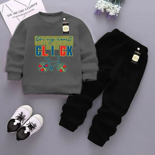 Dark Grey and Black (Click) Printed Kids Tracksuit for Winter