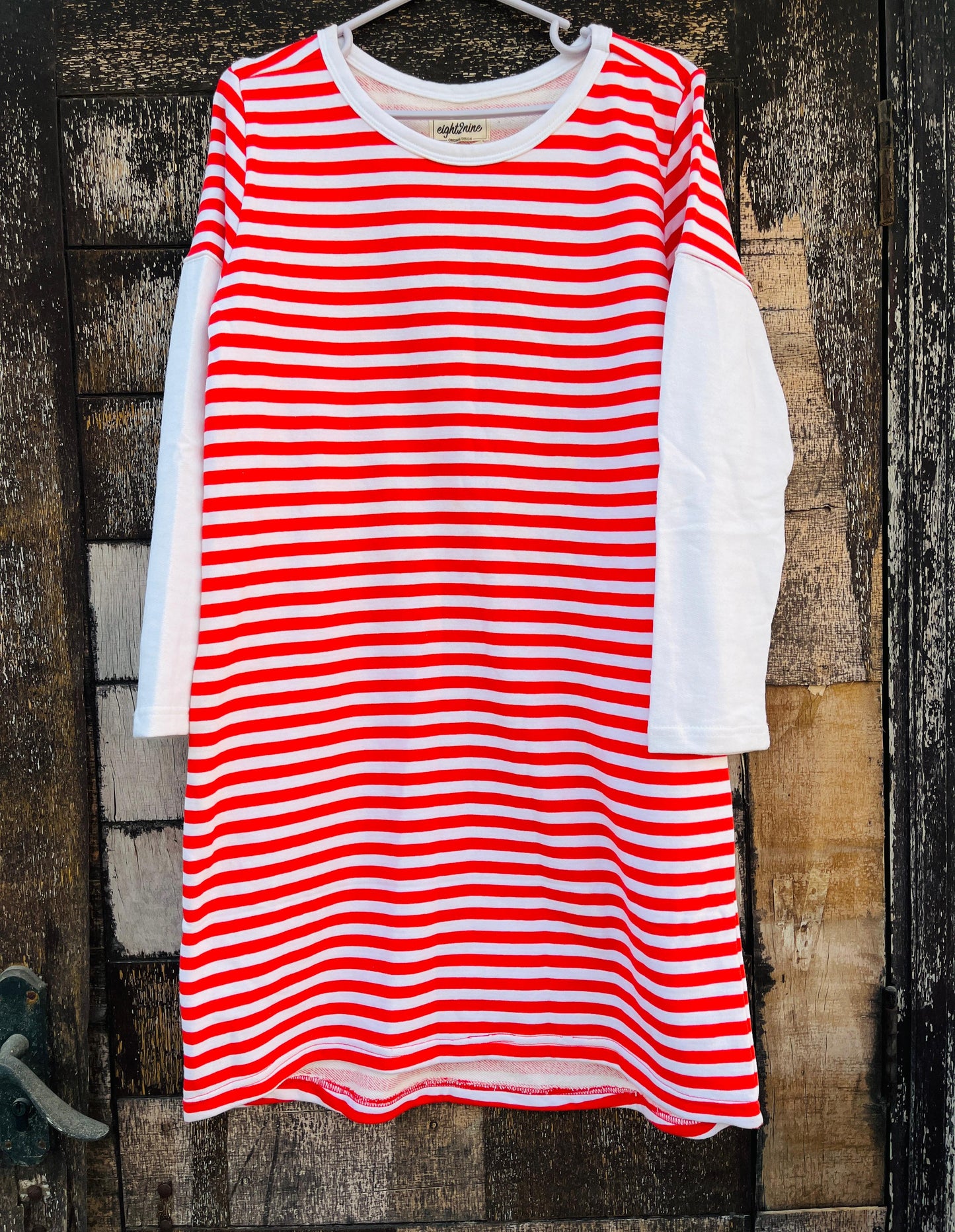Red & White Striped Lounge Dress with Red Pants
