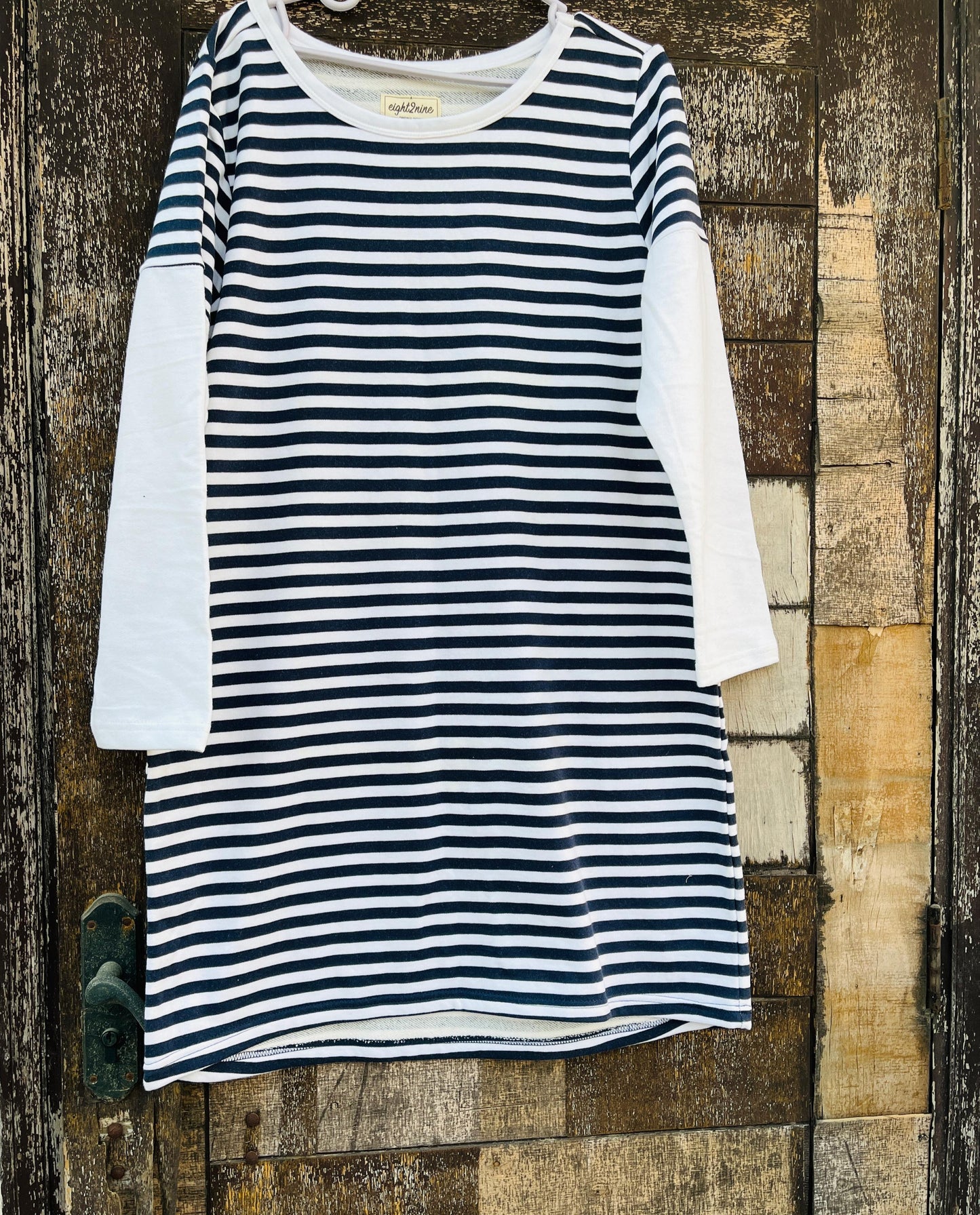 Black & White Striped Lounge Dress with Navy Blue Pants