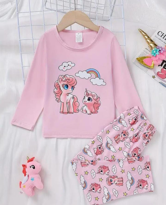 Baby Pink Unicorn Full Sleeves Printed T-Shirt with Unicorn Printed Pajama For Kids