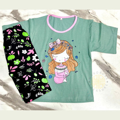 Green Princess with Flowers Printed Half Sleeves Kids Suit