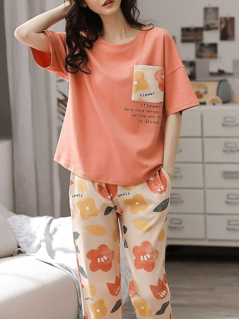 Pink Flower Pattern Printed PJ Set For Her