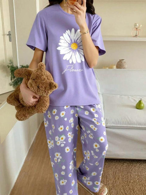 Lilac Sunflower Printed PJ Set For Her