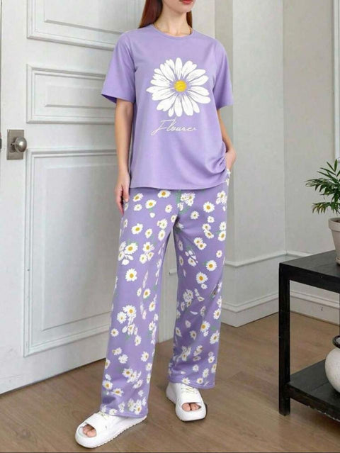 Lilac Sunflower Printed PJ Set For Her