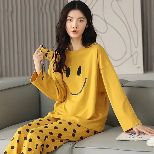 Yellow Smile Print Full Sleeves T-shirt With Dotted Pajama Night Suit (AA-38)