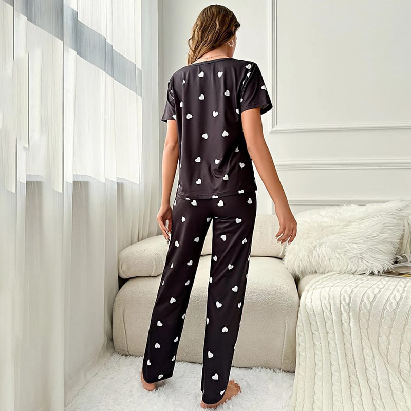 Black With White Hearts Print Half Sleeves T-shirt And Trouser Suit (AA-44)