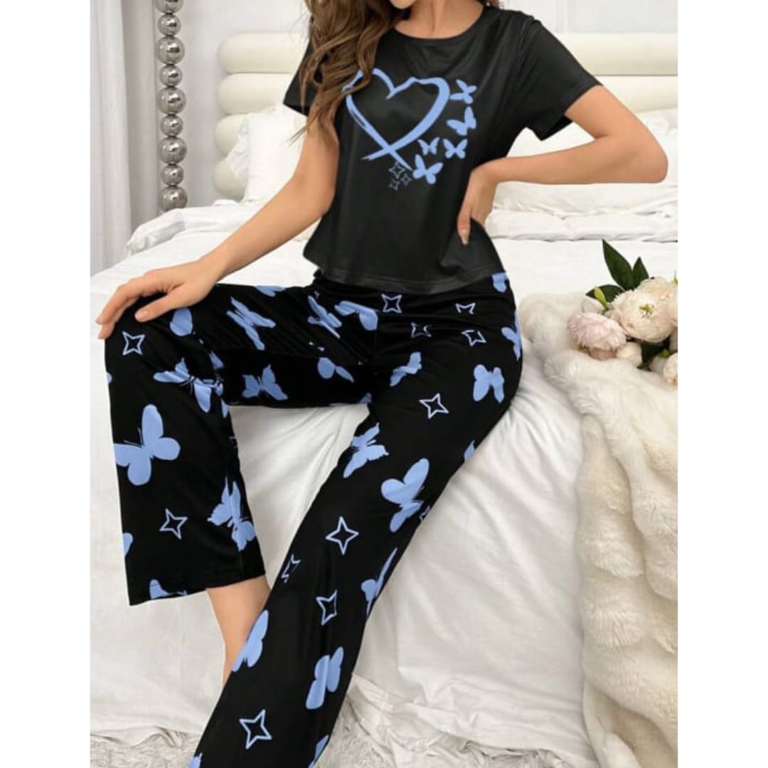 Black With Blue Butterflies Heart Printed T-shirt And Butterflies Printed Trouser Suit (AA-182)