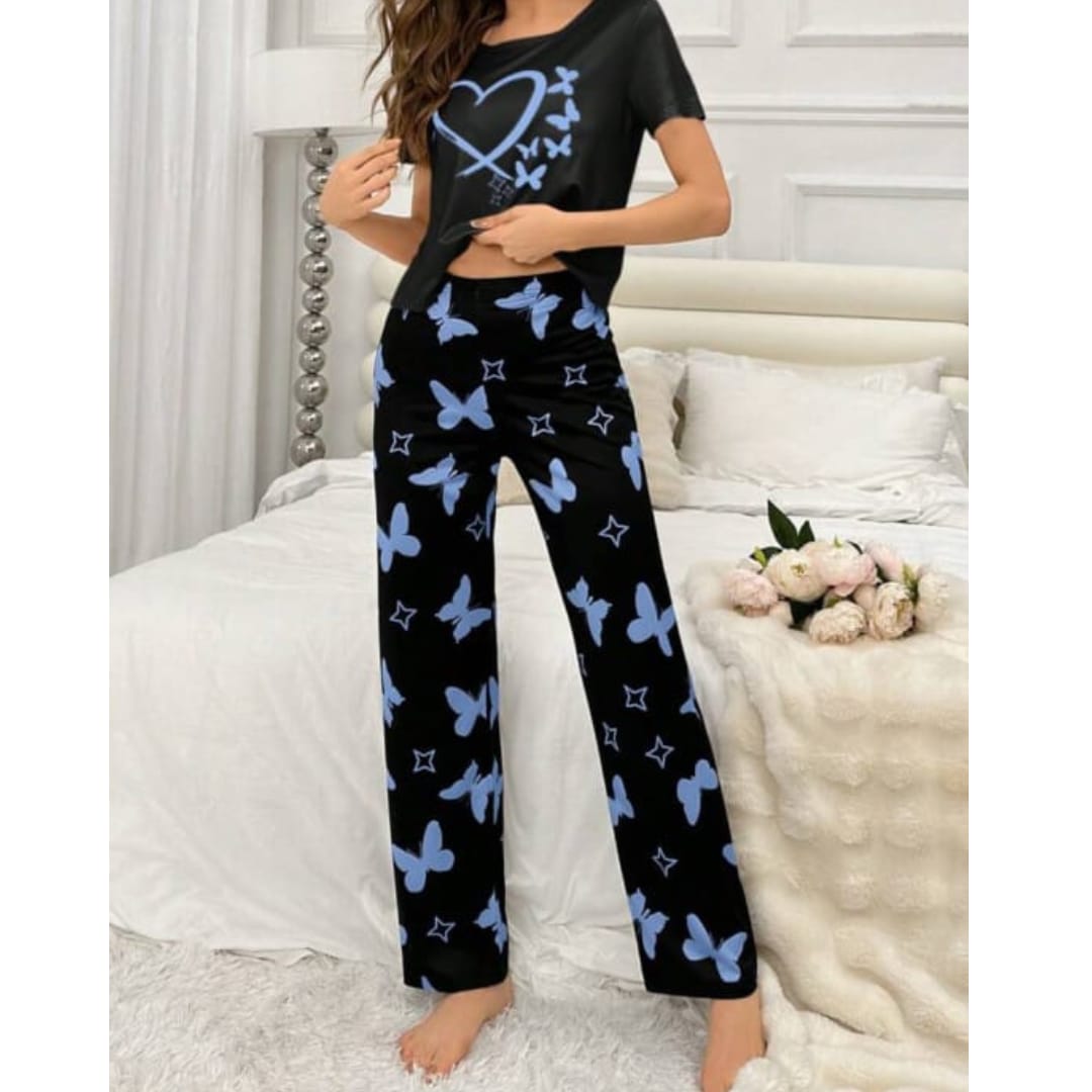 Black With Blue Butterflies Heart Printed T-shirt And Butterflies Printed Trouser Suit (AA-182)