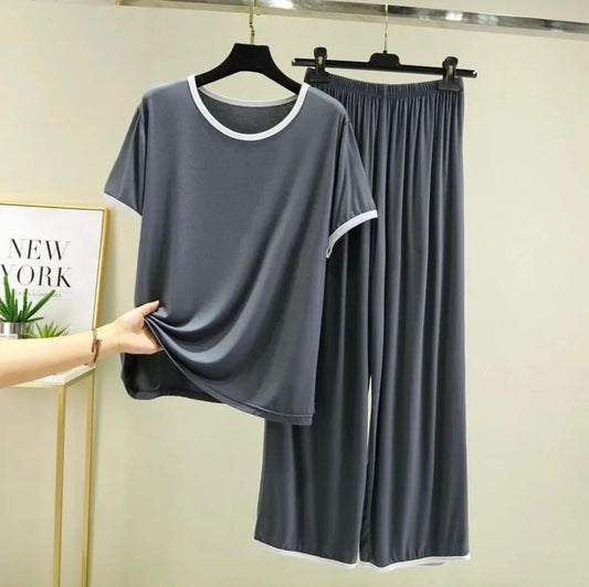 Grey With White Pipin Neck And Sleeves Half Sleeves Suit (AA-161)