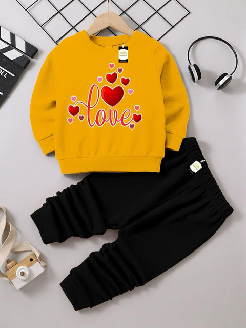 LOVE PRINTED YELLOW & BLACK KIDS WINTER TRACK SUIT