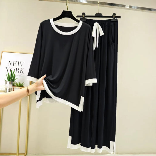 Black With White Round Neck Flapper Pajama Night Suit (AA-57)