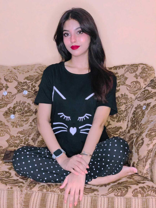 Black Meow Print Half Sleeves T-shirt With Dotted Pajama Night Suit (AA-02)
