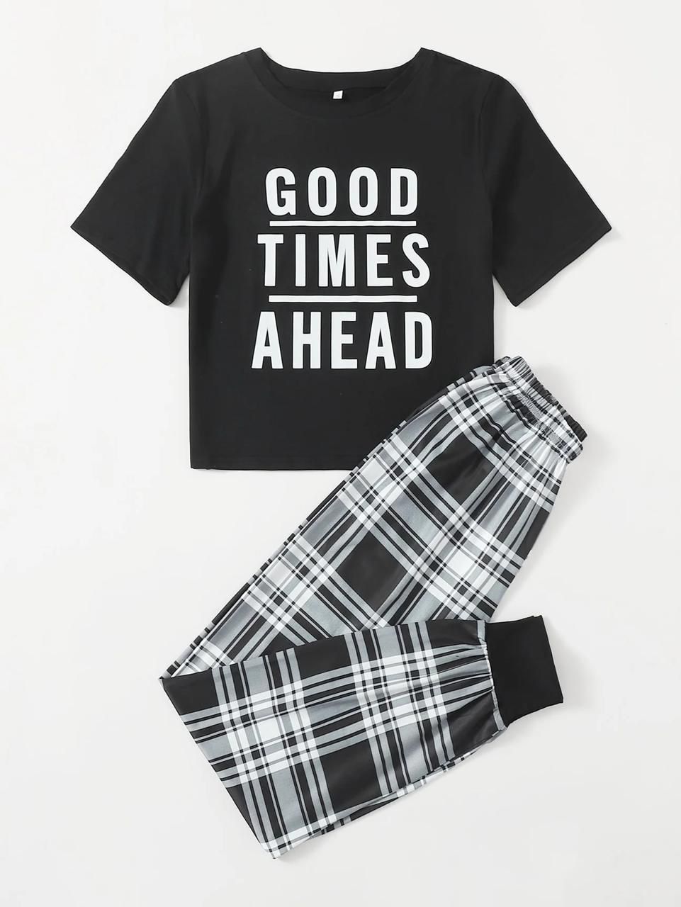Black Good Things Ahead Printed Half Sleeves T-shirt With Check Printed Trouser Suit (AA-178)