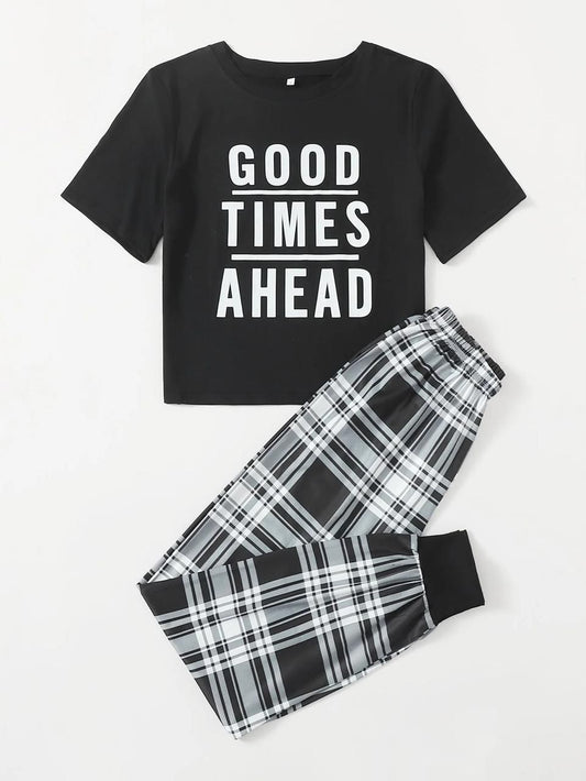 Black Good Things Ahead Printed Half Sleeves T-shirt With Check Printed Trouser Suit (AA-178)