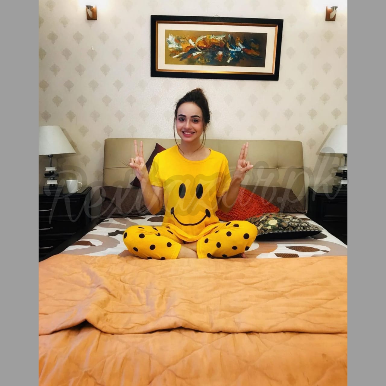Yellow Smile with Dotted Printed Pajama Half Sleeves Night Suit for her (AA-17)