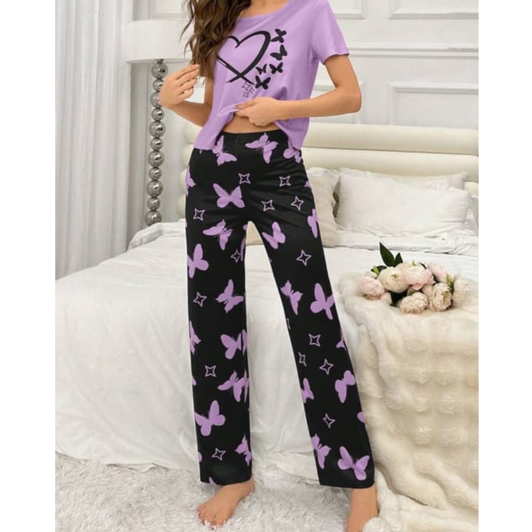 Purple With Black Butterflies Heart Printed T-shirt And Butterflies Printed Trouser Suit (AA-184)