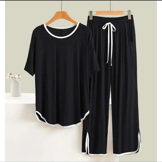 Black With White Round Neck Stripe Half Sleeves Shirt With Plazzo Trouser (AA-88)