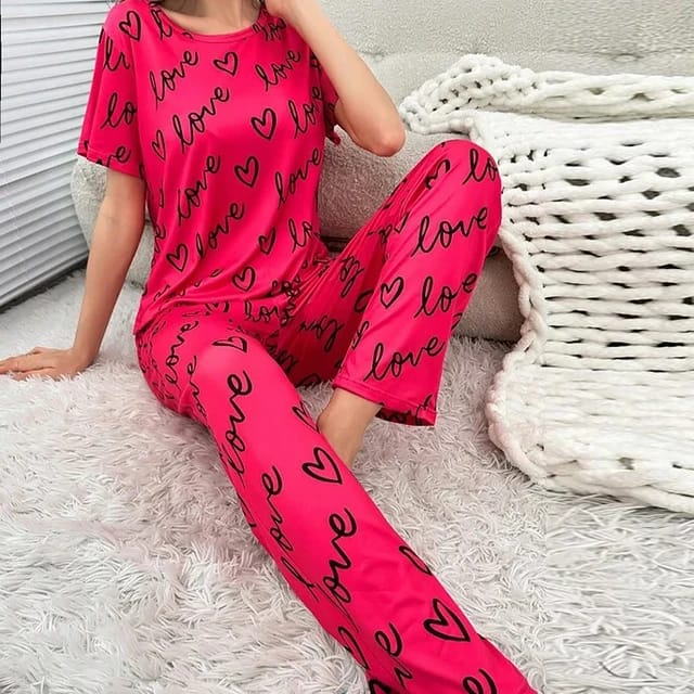 Shocking Pink Love Printed T-shirt And Trouser Suit (AA-148)