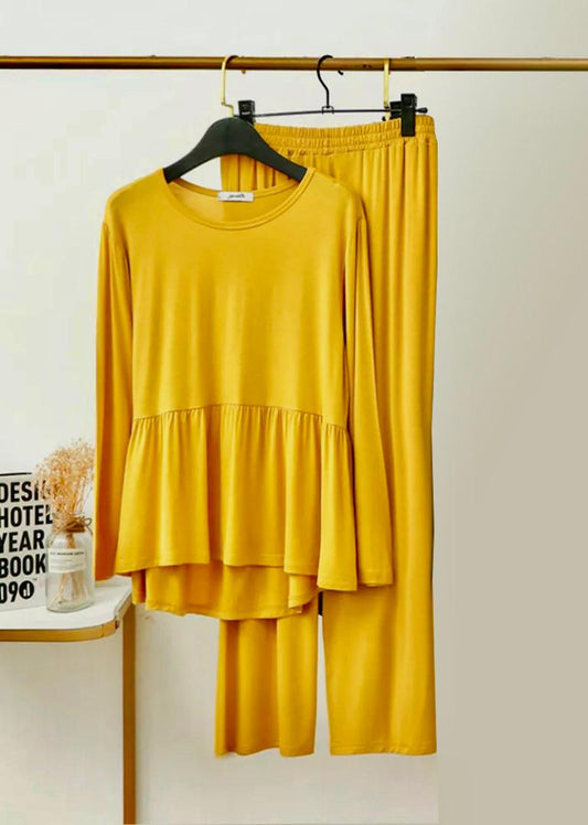 Plain Yellow Frill Style with Palazzo Style Pajama Full Sleeves Suit for Her (AA-51)