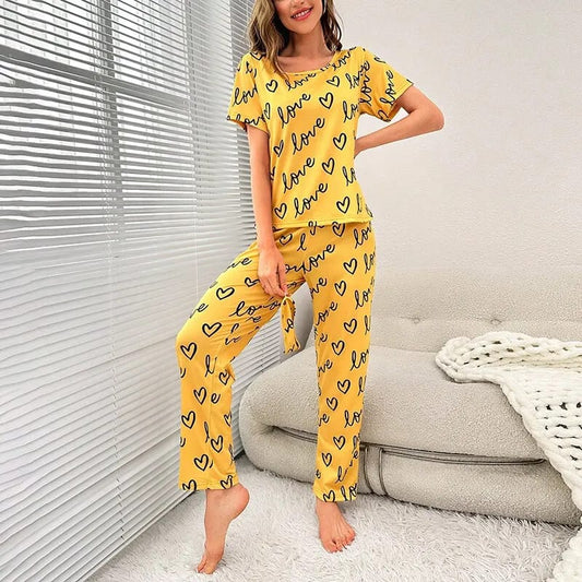 Yellow Love Printed T-shirt And Trouser Suit (AA-149)