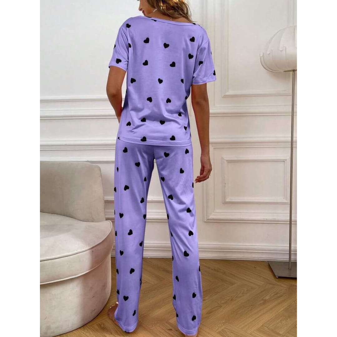 Purple With Black Hearts Print Half Sleeves T-shirt With Hearts Printed Trouser Suit (AA-186)