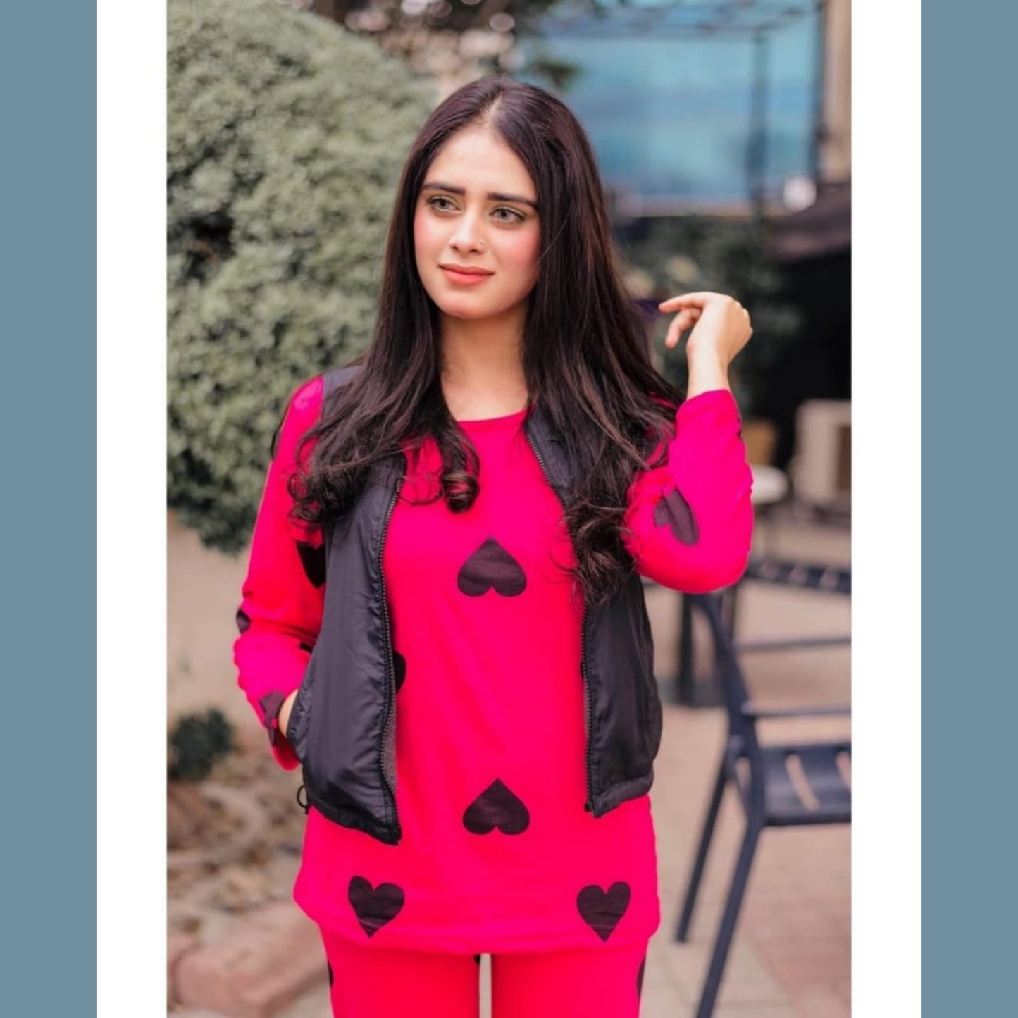 Shocking Pink With Black Big Heart print Full Sleeves Night Suit for her (AA-31)