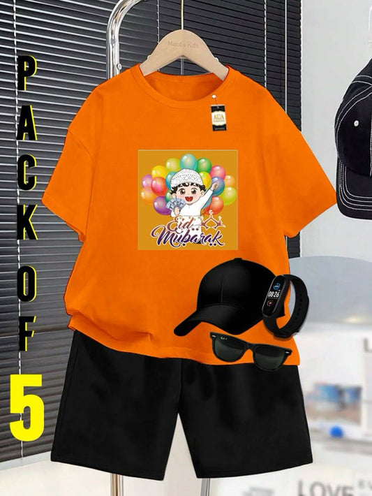 PACK OF 5 WITH EID MUBARAK PRINT ON SHIRTS FOR KIDS