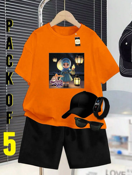 PACK OF 5 WITH EID MUBARAK PRINT ON SHIRTS FOR KIDS