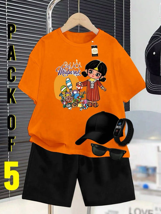 PACK OF 5 WITH EID MUBARAK PRINT ON SHIRTS FOR KIDS