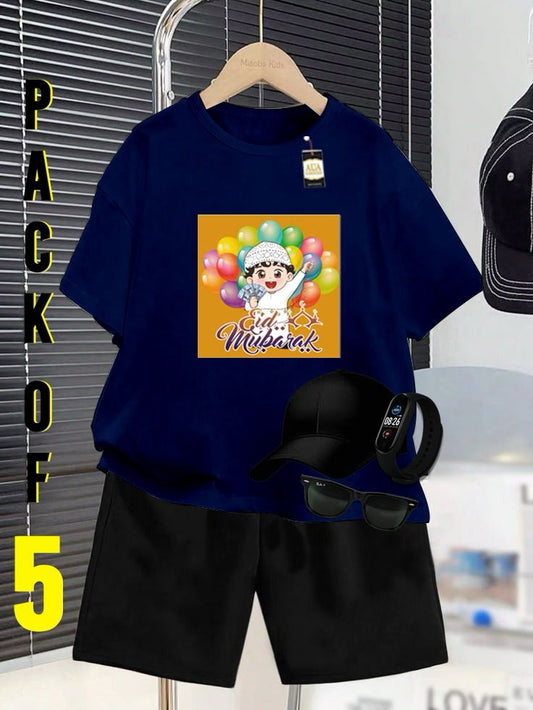 PACK OF 5 WITH EID MUBARAK PRINT ON SHIRTS FOR KIDS