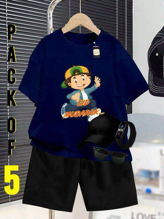 PACK OF 5 WITH EID MUBARAK PRINT ON SHIRTS FOR KIDS
