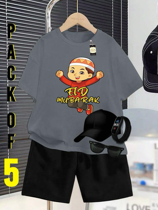 PACK OF 5 WITH EID MUBARAK PRINT ON SHIRTS FOR KIDS