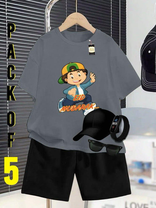 PACK OF 5 WITH EID MUBARAK PRINT ON SHIRTS FOR KIDS