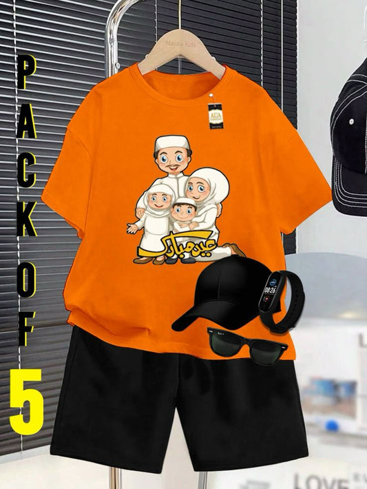 PACK OF 5 WITH EID MUBARAK PRINT ON SHIRTS FOR KIDS
