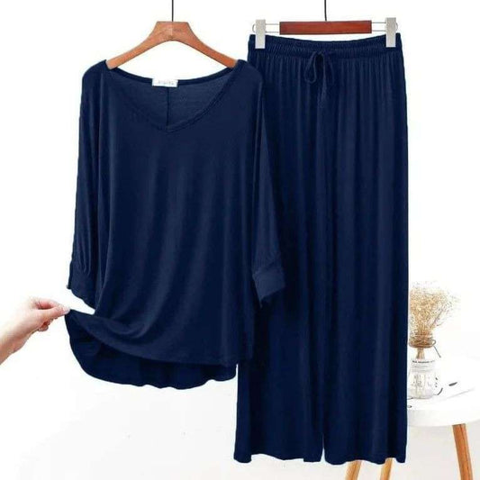 Plain Blue V Neck with Palazzo Style Pajama Full Sleeves Suit for Her (AA-62)