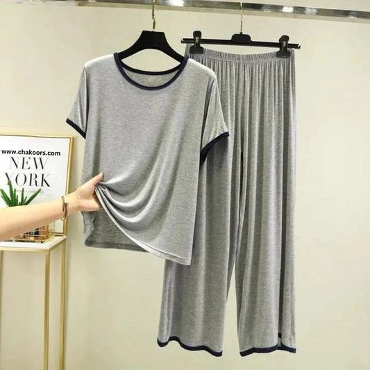 Grey With Black Pipin Neck And Sleeves Half Sleeves Suit (AA-158)