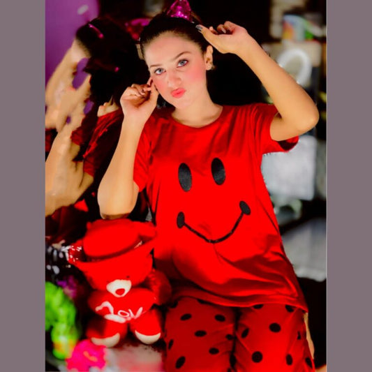 Red Smile with Dotted Style Pajama Half Sleeves Night Suit for her (AA-23)