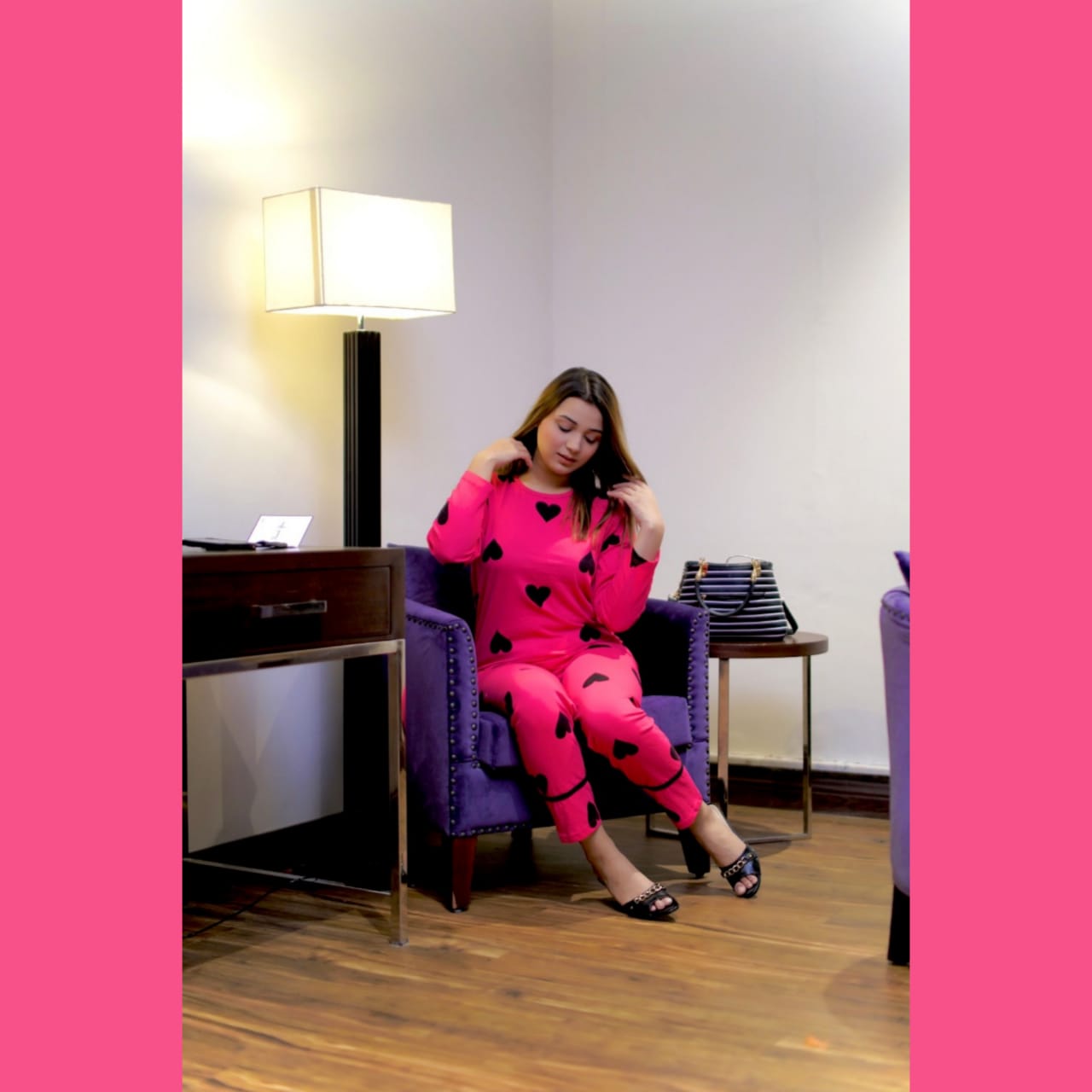 Shocking Pink With Black Big Heart print Full Sleeves Night Suit for her (AA-31)