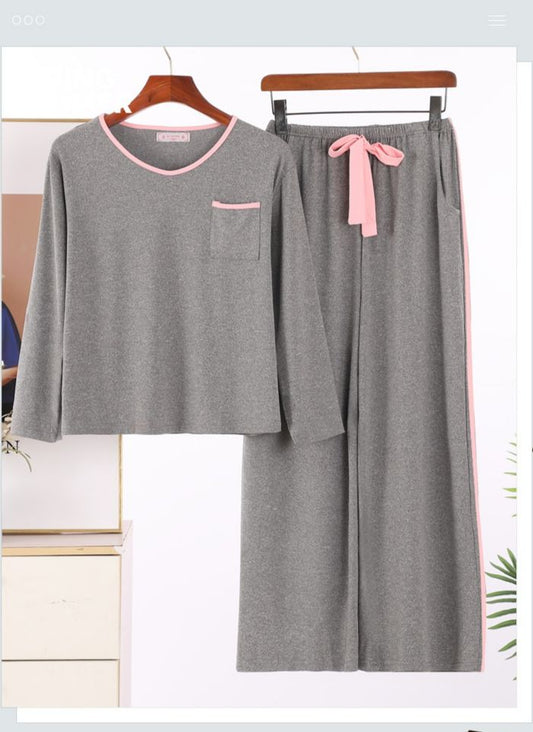 Plain Grey With Pink Pocket T-shirt With Plazzo Pajama Suit (AA-106)