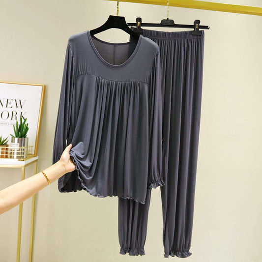 Grey Round Neck Frill Style T Shirt with Palazzo Style Pajama Full Sleeves Suit for Her (AA-71)