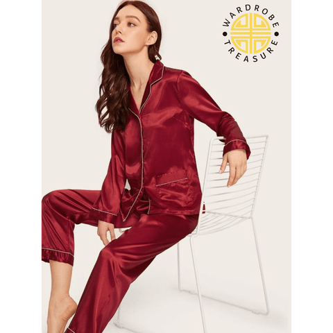 Burgundy Maroon Silk PJ Set For Her