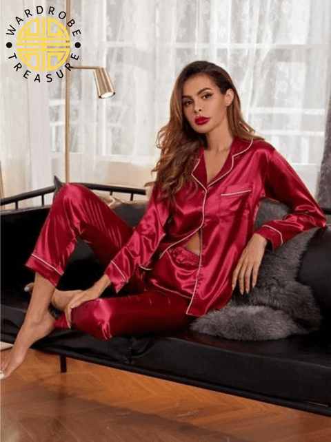 Burgundy Maroon Silk PJ Set For Her