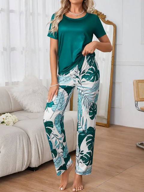 Green Plain Tee with Leaf's Pajama Printed PJ Set For Her