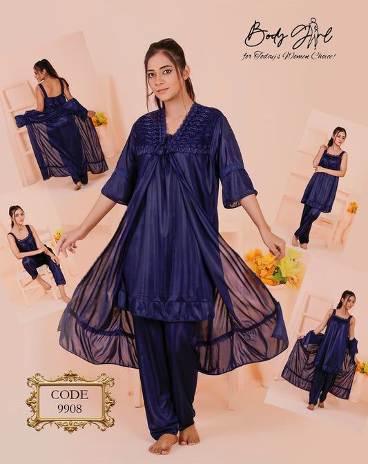 3PCS Silk Bridal Nighty Set