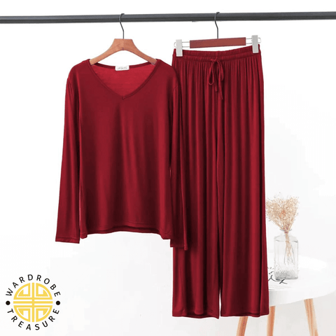 V-Neck Maroon Lounge Wear For Her